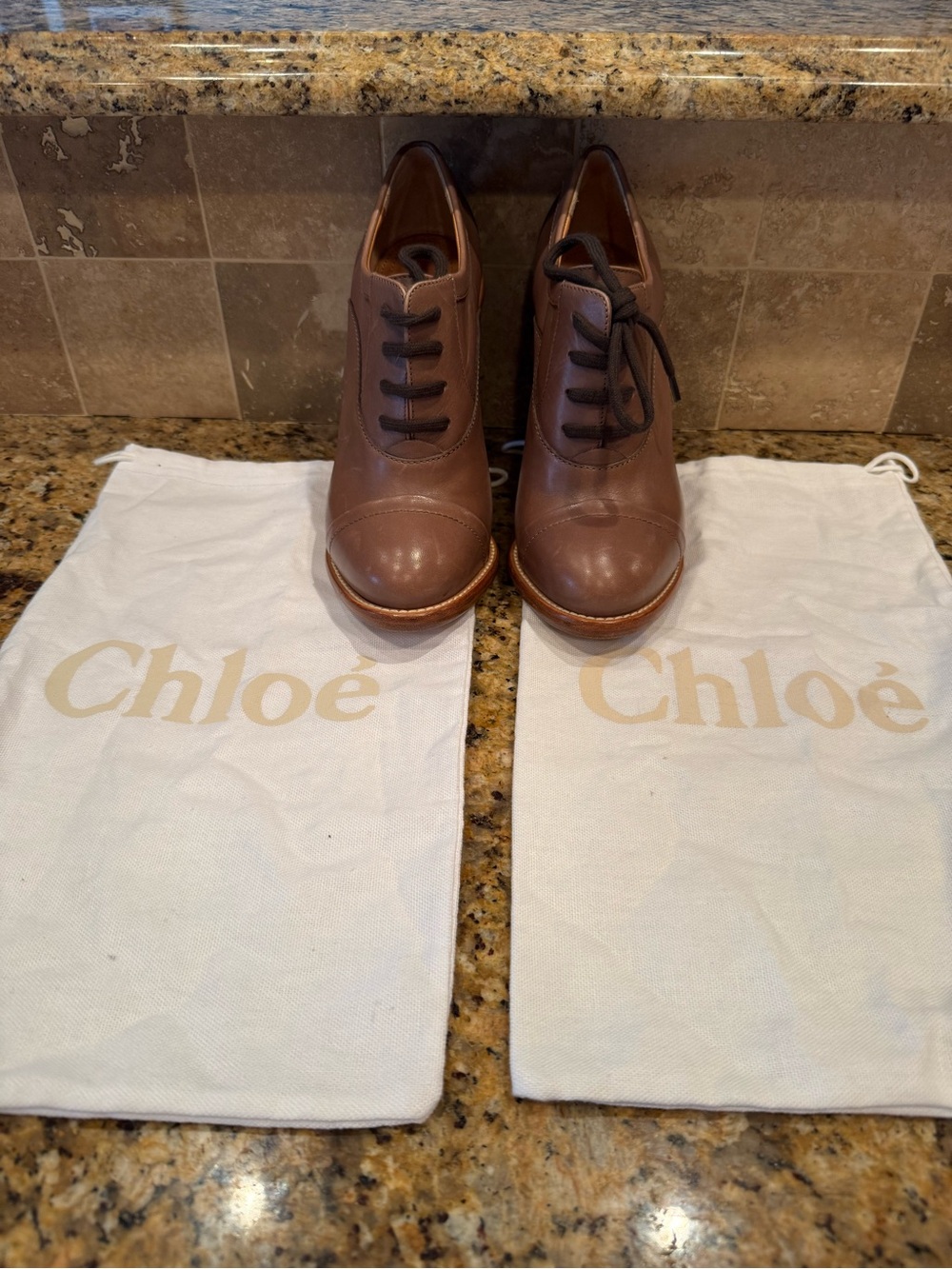 Chloe Brown Leather Lace-Up High Heel Oxfords - Picture 3 of 5